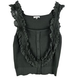 Flint & Moss Womens Pointelle Knit Tank Top L Dark Green Eyelet Ruffle Button